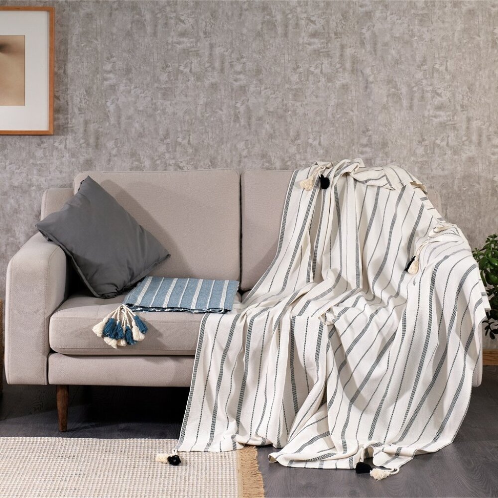 Large off-white & Black striped Turkish Cotton tasseled throw by Cotton & Olive